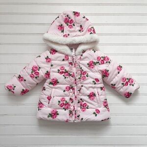 LITTLE ME NWOT Girls Pink Fur Trimmed Fleece Lined Rose Print Puffer Jacket